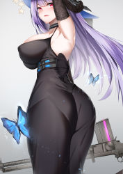 Rule 34 | 1girl, absurdres, armpits, ass, back, black dress, black gloves, blue butterfly, blue hat, blush, breasts, buckle, bug, butterfly, choker, dress, girls&#039; frontline, gloves, grey background, gun, hat, highres, insect, large breasts, long hair, looking at viewer, lubikaya, open mouth, purple hair, red eyes, rifle, snap-fit buckle, solo, star (sky), weapon, white hat, witch, witch hat, zb-26 (girls&#039; frontline)
