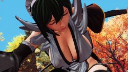 Rule 34 | 1girl, 3d, apron, black hair, blue sky, breast focus, breasts, cleavage, forest, highres, iroha (samurai spirits), large breasts, leotard, leotard under clothes, lips, looking to the side, maid, maid headdress, nature, ryona, samurai spirits, screencap, short hair, sky, solo, thighhighs, third-party edit