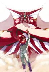 Rule 34 | 1boy, brown gloves, crossed arms, dust, getter robo, gloves, looking at viewer, male focus, mecha, nagare ryoma, pilot suit, pointing, pointing up, red scarf, robot, scarf, shin getter-1, shin getter robo, smirk, super robot, vldhomecenter, yellow eyes