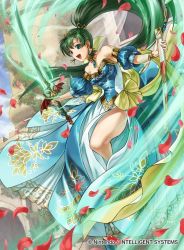 Rule 34 | 1girl, bare shoulders, blue sky, bracelet, breasts, cloud, cloudy sky, collarbone, commentary request, company connection, company name, copyright name, day, detached collar, dress, earrings, fire emblem, fire emblem: the blazing blade, fire emblem cipher, green eyes, green hair, hair ornament, holding, holding sword, holding weapon, jewelry, kita senri, long hair, looking at viewer, lyn (fire emblem), medium breasts, nintendo, official art, open mouth, petals, ponytail, puffy sleeves, sheath, side slit, simple background, sky, smile, sol katti, solo, strapless, strapless dress, sword, thighs, tiara, weapon