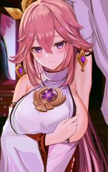 Rule 34 | 1girl, absurdres, arm behind head, arm up, armpits, bare shoulders, blouse, blush, breasts, detached sleeves, efuri (riarea00), genshin impact, hair ornament, highres, japanese clothes, jewelry, kimono, long hair, looking at viewer, miko, necklace, pendant, pink hair, purple eyes, ribbon-trimmed sleeves, ribbon trim, shirt, sideboob, sidelocks, sleeveless, sleeveless kimono, sleeveless shirt, smile, solo, very long hair, white kimono, white shirt, wide sleeves, yae miko