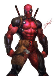 Rule 34 | 1boy, abs, clenched hands, deadpool, deadpool (series), gun, heewon lee, highres, holster, katana, male focus, marvel, muscular, pouch, serious, shiny clothes, signature, solo, superhero costume, sword, weapon