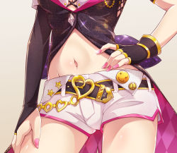 Rule 34 | 10s, 1girl, asymmetrical gloves, badge, beige background, belt, black gloves, bridal gauntlets, button badge, close-up, e20, fingerless gloves, fingernails, gloves, hand on own hip, hand on own thigh, head out of frame, heart, idolmaster, idolmaster cinderella girls, jewelry, jougasaki mika, long fingernails, lower body, midriff, mismatched gloves, nail polish, navel, peace symbol, pink nails, short shorts, shorts, simple background, smiley face, solo, star (symbol), x x