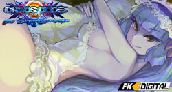 Rule 34 | 1girl, blunt bangs, breasts, celia (chaos code), chaos code, copyright name, covered erect nipples, female focus, hairband, large breasts, lolita hairband, long hair, looking at viewer, lying, nightgown, hugging object, official art, pillow, pillow hug, purple hair, red eyes, sideboob, solo, watermark, woofycakes