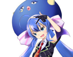 Rule 34 | 1girl, ahoge, bad id, bad pixiv id, black gloves, black shirt, blue eyes, blue hair, blue headwear, clothing cutout, commentary, eel hat, fang, gloves, hand up, kkonex1, large hat, long hair, necktie, open mouth, otomachi una, otomachi una (spicy), partially fingerless gloves, red necktie, shirt, shoulder cutout, skin fang, smile, solo, twintails, upper body, vocaloid, w, white background