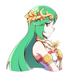 Rule 34 | 1girl, ancient greek clothes, armlet, artsy-rc, bare shoulders, breasts, chiton, closed mouth, commentary, diadem, dress, eyelashes, green eyes, green hair, highres, jewelry, kid icarus, kid icarus uprising, long hair, medium breasts, necklace, nintendo, palutena, profile, simple background, smile, solo, strapless, strapless dress, symbol-only commentary, upper body, white background, white dress