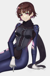 Rule 34 | 1girl, arched back, armor, artist name, artist request, biker clothes, bikesuit, black neckwear, black scarf, blush, bodysuit, braid, braided hairband, breasts, brown hair, corset, covered navel, cross-laced clothes, crown braid, female focus, french braid, gloves, highres, long sleeves, looking at viewer, medium breasts, niijima makoto, parted lips, persona, persona 5, persona 5 the royal, red eyes, scarf, shiny clothes, short hair, shoulder pads, shoulder spikes, sitting, skin tight, smile, solo, sparkle, spikes, white gloves