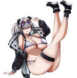 Rule 34 | 1girl, alternate costume, animal ears, anklet, arknights, arm support, bikini, black footwear, black hair, black jacket, blue nails, breasts, cleavage, commentary, extra ears, eyewear on head, fang, feater (arknights), full body, grey bikini, hair between eyes, hair over one eye, highres, huge breasts, infection monitor (arknights), jacket, jewelry, legs up, looking to the side, medium hair, multicolored hair, nail polish, open clothes, open jacket, open mouth, orange eyes, panda ears, purple-tinted eyewear, shoes, side-tie bikini bottom, sidelocks, silver hair, simple background, sitting, skindentation, smile, solo, streaked hair, string bikini, sunglasses, swimsuit, thigh strap, thighs, tinted eyewear, twintails, two-tone hair, underboob, unknownnoname0, v, white background