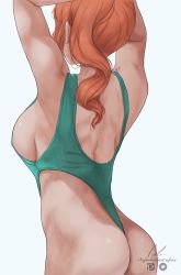 Rule 34 | 1girl, absurdres, adapted costume, arched back, artist name, ass, breasts, commentary, creatures (company), english commentary, from behind, game freak, green one-piece swimsuit, highres, long hair, nintendo, nsfwbakasenpai, one-piece swimsuit, orange hair, patreon logo, pokemon, pokemon swsh, shiny skin, signature, simple background, solo, sonia (pokemon), swimsuit, twitter logo, watermark, wedgie, white background
