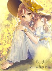 Rule 34 | 1girl, barefoot, blonde hair, blush, bow, bracelet, breasts, cleavage, day, dress, hair between eyes, hand on own knee, hat, hat bow, honnou (kjs9504), jewelry, klasse14, long dress, long hair, looking at viewer, medium breasts, original, outdoors, parted lips, sitting, sleeveless, sleeveless dress, solo, sparkle, straw hat, striped clothes, striped dress, striped headwear, watch, white dress, wristwatch, yellow bow, yellow eyes, yellow hat