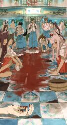 Rule 34 | 5boys, 6+girls, animal ears, arm tattoo, barefoot, blood, blood on hands, blue hakama, blunt bangs, blush stickers, brown hair, bucket, buckle, cleaning, closed mouth, commentary request, dot mouth, fingernails, fox ears, fox tail, from side, green hair, hakama, highres, holding, holding money, implied death, indoors, japanese clothes, kimono, long hair, looking at viewer, money, mop, multiple boys, multiple girls, onsen, original, parted bangs, pink hair, ponytail, purple hair, red hakama, sharp fingernails, sharp toenails, sidelocks, smile, squatting, standing, tail, tattoo, toenails, tukuso, white kimono, wooden bucket