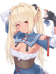 Rule 34 | 1girl, alternate hairstyle, armpits, black gloves, blonde hair, bow, breasts, cleavage, closed mouth, clothing cutout, corset, dark-skinned female, dark skin, elf, gloves, hair between eyes, hair bow, head tilt, highres, hololive, large breasts, long hair, looking at viewer, multicolored hair, panties, partially fingerless gloves, pointy ears, red eyes, shiranui flare, shiranui flare (old design), shiunnkaku, shoulder cutout, side-tie panties, simple background, smile, solo, strapless, streaked hair, twintails, underwear, virtual youtuber, white background