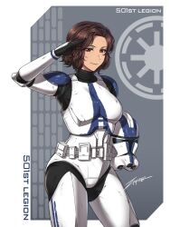 Rule 34 | 501st, armor, armored boots, black gloves, boots, brown eyes, brown hair, clone trooper, full armor, gloves, helmet, highres, holding, holding helmet, md5 mismatch, non-web source, resolution mismatch, salute, short hair, solo, source larger, star wars, star wars: the clone wars, tan