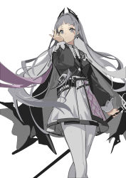 Rule 34 | 1girl, absurdres, arknights, belt, black jacket, blunt bangs, closed mouth, earrings, feet out of frame, front-seamed legwear, grey eyes, grey hair, head wings, high-waist skirt, highres, holding, holding sword, holding weapon, irene (arknights), jacket, jewelry, layered skirt, long hair, long sleeves, looking at viewer, pantyhose, purple skirt, scar, scar across eye, scar on face, seamed legwear, sheath, sheathed, simple background, skirt, solo, standing, sword, very long hair, weapon, white background, white pantyhose, white skirt, wings, zheshe jing