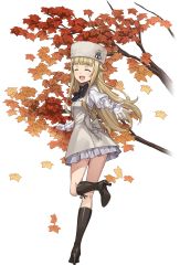 Rule 34 | 1girl, :d, autumn leaves, black footwear, blonde hair, blouse, boots, closed eyes, facing viewer, full body, gloves, hat, high heel boots, high heels, highres, long hair, looking at viewer, official art, open mouth, princess (princess principal), princess principal, princess principal game of mission, shirt, smile, solo, standing, standing on one leg, transparent background, white gloves, white hat, white shirt