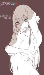 Rule 34 | 10s, 1girl, 2018, aqua eyes, arm up, armpits, blunt bangs, breast hold, breasts, brown background, covering privates, covering breasts, darling in the franxx, dated, fish, food in mouth, greyscale, greyscale with colored background, horns, kuraken, long hair, looking at viewer, medium breasts, monochrome, navel, nude, simple background, smile, solo, text focus, zero two (darling in the franxx)
