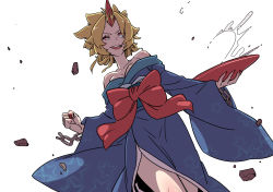Rule 34 | 1girl, :d, absurdres, alternate hairstyle, bare shoulders, blonde hair, blue kimono, bow, breasts, cleavage, clenched hand, commentary request, cowboy shot, cup, highres, holding, holding cup, horns, hoshiguma yuugi, hoshiguma yuugi (kimono), japanese clothes, kawayabug, kimono, long sleeves, looking at viewer, nail polish, off shoulder, one-hour drawing challenge, open mouth, red bow, red eyes, red nails, short hair, simple background, single horn, smile, solo, standing, star (symbol), star print, touhou, unmoving pattern, v-shaped eyebrows, white background, wide sleeves