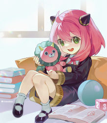 Rule 34 | 1girl, :d, ahoge, anya (spy x family), artist name, ball, bed, bed sheet, book, chinese commentary, collared shirt, commentary request, dice, director chimera (spy x family), dress, dress shirt, eden academy school uniform, frilled socks, frills, green eyes, holding, holding stuffed toy, holding toy, indoors, knees up, long sleeves, looking at viewer, mary janes, on bed, open book, open mouth, pile of books, pillow, pink hair, reclining, school uniform, shirt, shoes, sitting, smile, socks, solo, spy x family, stuffed toy, teeth, toy, twitter username, upper teeth only, white socks, window, wing collar, xiaojiaju