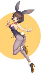 Rule 34 | 10s, 1girl, akiyama yukari, animal ears, ankle boots, ass, back-seamed legwear, black leotard, boots, bow, bowtie, breasts, brown eyes, brown hair, cleavage, detached collar, fake animal ears, from behind, full body, fur-trimmed boots, fur trim, girls und panzer, grey pantyhose, high heels, highres, icomochi, leotard, looking at viewer, looking back, medium breasts, open mouth, pantyhose, playboy bunny, rabbit ears, rabbit tail, seamed legwear, short hair, solo, tail, v, wrist cuffs, yellow bow, yellow bowtie