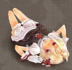 Rule 34 | 1girl, blonde hair, bloomers, embodiment of scarlet devil, female focus, frills, gloves, hato haru, lace, red eyes, rumia, short hair, skinny, solo, touhou, underwear, white gloves