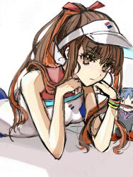 1girl bangle bracelet breasts brown_eyes brown_hair character_charm charm_(object) fate/grand_order fate_(series) hair_ribbon head_on_hand highres jewelry kishinami_hakuno_(female) long_hair lqfvti matou_shinji multicolored_clothes multicolored_swimsuit official_alternate_costume one-piece_swimsuit ponytail red_ribbon ribbon small_breasts solo swimsuit visor_cap