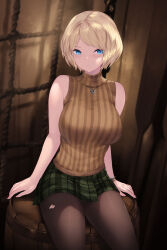 Rule 34 | 1girl, ashley graham, bare arms, blonde hair, blue eyes, bracelet, breasts, brown pantyhose, cait aron, green skirt, highres, jewelry, large breasts, orange sweater, pantyhose, plaid, plaid skirt, resident evil, resident evil 4, resident evil 4 (remake), short hair, sitting, skirt, sleeveless, sleeveless sweater, solo, sweater, torn clothes, torn pantyhose, turtleneck, turtleneck sweater