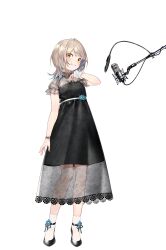 Rule 34 | 1girl, absurdres, black dress, blonde hair, blush, colored inner hair, dress, hand on own chest, highres, layered dress, looking at viewer, machita chima, medium hair, microphone, multicolored hair, nijisanji, noy, see-through dress layer, smile, solo, virtual youtuber, yellow eyes