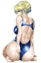 Rule 34 | 1girl, adjusting clothes, adjusting swimsuit, artoria pendragon (all), artoria pendragon (fate), artoria pendragon (lancer) (fate), ass, back, blonde hair, blue one-piece swimsuit, braid, braided bun, fate/grand order, fate/stay night, fate (series), green eyes, hair bun, looking at viewer, looking back, muunyan (yumenekoya), one-piece swimsuit, plantar flexion, saber (fate), seiza, shiny skin, simple background, single hair bun, sitting, solo, swimsuit, white background
