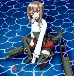 Rule 34 | 10s, 1girl, bike shorts, blush, bow (weapon), brown eyes, brown hair, crossbow, flat chest, headband, headgear, kantai collection, looking at viewer, mizuhashi haine, open mouth, personification, pleated skirt, short hair, skirt, smile, solo, squatting, starfish, staryu, taihou (kancolle), thighhighs, water, weapon
