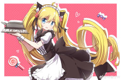 Rule 34 | 1girl, absurdres, alternate costume, andrea doria (warship girls r), animal ears, antenna hair, artist request, black bow, black bowtie, blonde hair, blue eyes, bow, bowtie, cake, candy, cat ears, fake animal ears, food, from side, hair ornament, highres, lollipop, long hair, looking at viewer, maid headdress, open mouth, solo, twintails, very long hair, warship girls r, weibo watermark
