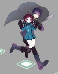 Rule 34 | 1boy, 1girl, ahoge, amatori chika, black footwear, black gloves, black pants, bob cut, boots, cape, closed mouth, fuko (arlicx), full body, gloves, grey background, grey cape, height difference, holding hands, hopping, long sleeves, looking at another, looking away, looking down, mole, mole under eye, oki kouji, pants, pants tucked in, purple eyes, purple footwear, purple hair, red hair, shorts, simple background, smile, uniform, visor cap, walking, world trigger