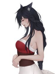 Rule 34 | 1girl, absurdres, ahri (league of legends), animal ears, artelsia, artist name, bare arms, bare shoulders, black hair, breasts, closed eyes, facial mark, fox ears, fox girl, fox tail, from side, highres, large breasts, league of legends, long hair, off shoulder, simple background, solo, tail, tears, whisker markings, white background