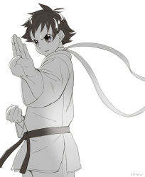 Rule 34 | 1girl, bad id, bad pixiv id, choker, clenched hand, dougi, fighting stance, frogcage, greyscale, makoto (street fighter), monochrome, ribbon choker, serious, short hair, solo, street fighter, tomboy, white background