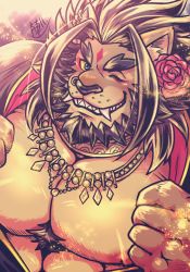 Rule 34 | 1boy, animal ears, animal nose, bara, barong (housamo), blue eyes, chest hair, clothes pull, colored sclera, commentary request, ear piercing, facial mark, fangs, fangs out, flower, forehead mark, furry, furry male, gold trim, hair intakes, jewelry, large pectorals, lion boy, lion ears, male focus, muscular, muscular male, necklace, nipples, nose piercing, one eye closed, pectorals, piercing, portrait, rose, sharp teeth, signature, simple background, smile, snout, solo, sparkle, spiked hair, teeth, thick eyebrows, tokyo houkago summoners, yellow sclera, zinpati