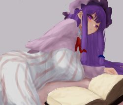Rule 34 | 1girl, absurdres, book, closed mouth, commentary request, dress, grey background, hat, highres, looking at viewer, mob cap, moriforest1040, patchouli knowledge, purple eyes, purple hair, sidelocks, simple background, solo, striped clothes, striped dress, touhou, white dress