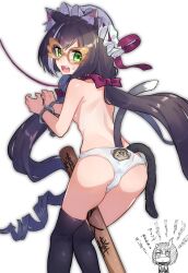 Rule 34 | 2girls, anger vein, animal ear fluff, animal ears, ass, back-print panties, black hair, black thighhighs, cat ears, cat girl, cat tail, cuffs, eriko (princess connect!), glasses, green eyes, handcuffs, highres, karyl (princess connect!), long hair, low twintails, multicolored hair, multiple girls, open mouth, panties, princess connect!, print panties, shaded face, sho bu 1116, short hair, simple background, streaked hair, tail, thighhighs, translation request, twintails, underwear, very long hair, white background, white hair, white panties