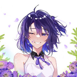 Rule 34 | 1girl, ahoge, artist name, bare shoulders, butterfly earrings, collared shirt, commentary, deidey, earrings, flower, flower request, indie virtual youtuber, jewelry, looking at viewer, neck ribbon, one eye closed, one side up, purple eyes, purple flower, purple hair, purple ribbon, ribbon, shirt, short hair, sleeveless, sleeveless shirt, smile, solo, star (symbol), star print, tsuuuno2, upper body, virtual youtuber, white background, white shirt