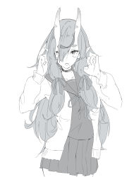 Rule 34 | 1girl, absurdres, bow, cardigan, choker, collarbone, eyebrows hidden by hair, greyscale, hair bow, hair over one eye, hands up, highres, horns, long hair, long sleeves, looking at viewer, mole, mole under mouth, monochrome, multicolored hair, neck ribbon, nijisanji, oni, open cardigan, open clothes, open mouth, pleated skirt, pointy ears, puffy long sleeves, puffy sleeves, ribbon, rindou mikoto, sailor collar, school uniform, serafuku, shirt, short eyebrows, simple background, skin-covered horns, skirt, streaked hair, techi (siro-white 0803), thick eyebrows, very long hair, virtual youtuber, white background