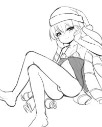 Rule 34 | 1girl, ass, character request, christmas, donburi (donburikazoku), drill hair, feet, greyscale, hat, legs, long hair, monochrome, nightgown, panties, solo, third-party source, underwear