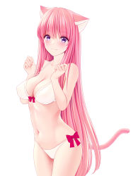 Rule 34 | 1girl, absurdres, animal ears, bare arms, bare shoulders, blush, bow, bra, breasts, cat ears, cat girl, cat tail, cleavage, closed mouth, collarbone, commentary request, cowboy shot, front-tie bra, hands up, highres, long hair, looking at viewer, marui koishi, medium breasts, original, panties, pink hair, purple eyes, red bow, side-tie panties, simple background, smile, solo, straight hair, strap gap, tail, underwear, underwear only, very long hair, white background, white bra, white panties