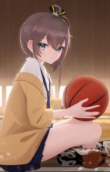 Rule 34 | 1girl, absurdres, ahoge, ball, basketball, basketball (object), blue eyes, blue necktie, blue skirt, brown hair, cardigan, closed mouth, collared shirt, commentary request, crossed legs, from side, hair between eyes, hair ornament, hair ribbon, highres, holding, holding ball, hololive, light blush, long sleeves, looking at viewer, natsuiro matsuri, necktie, open clothes, pleated skirt, ribbon, school uniform, shirt, shoes, short hair, side ponytail, skirt, solo, thomas 8000, virtual youtuber, white footwear, white shirt, yellow cardigan