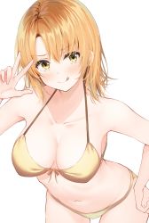 Rule 34 | 1girl, absurdres, bikini, breasts, brown eyes, brown hair, cleavage, cowboy shot, front-tie top, highres, isshiki iroha, leaning forward, looking at viewer, medium breasts, primamiya, short hair, simple background, smile, solo, swimsuit, tongue, tongue out, v, white background, yahari ore no seishun lovecome wa machigatteiru., yellow bikini