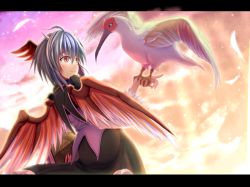 Rule 34 | 1girl, bad id, bad pixiv id, bird, book, cloud, crested ibis, curiosities of lotus asia, female focus, head wings, hinami (hinatamizu), horns, letterboxed, multicolored hair, outdoors, red eyes, sky, solo, standing, tokiko (touhou), touhou, wings