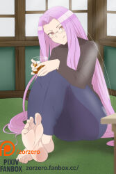 Rule 34 | 1girl, barefoot, blue pants, cup, drink, drinking glass, fate/stay night, fate (series), forehead, glasses, long hair, looking at viewer, medusa (fate), medusa (rider) (fate), paid reward available, pants, purple eyes, purple hair, sitting, soles, solo, tongue, tongue out, turtleneck, very long hair, zorzero