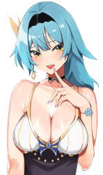 Rule 34 | 1girl, :d, bad id, bad pixiv id, bare shoulders, black hairband, blue hair, breasts, cleavage, collar, collarbone, earrings, eula (genshin impact), finger to mouth, genshin impact, hairband, hand on own chest, highres, jewelry, large breasts, long hair, looking at viewer, mutsu ane daisuki, nail polish, open mouth, purple nails, single earring, sleeveless, smile, solo, underbust, upper body, wristband, yellow eyes