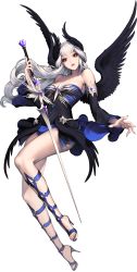 Rule 34 | 1girl, alternate costume, black wings, breasts, chaos online, feathered wings, full body, head wings, high heels, highres, long hair, long legs, looking at viewer, love cacao, official art, parted lips, red eyes, sheryl (chaos online), smile, solo, sword, transparent background, weapon, white hair, wings