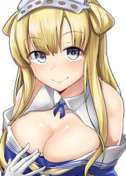 Rule 34 | 1girl, absurdres, blonde hair, blush, breasts, cleavage, closed mouth, collarbone, elbow gloves, fletcher (kancolle), gloves, hair bun, hand on own chest, highres, kantai collection, kiritto, large breasts, long hair, looking at viewer, off shoulder, purple eyes, school uniform, serafuku, side bun, simple background, single side bun, skindentation, smile, solo, upper body, white gloves