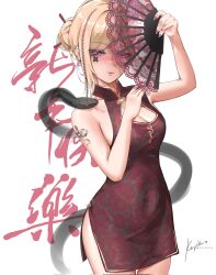 1girl blonde_hair blush braid breasts china_dress chinese_clothes commentary dress earrings english_commentary fishnets hair_bun hair_ornament hand_fan highres holding holding_fan jewelry keyokku nail_polish original pink_eyes side_braid simple_background snake solo standing tattoo white_background