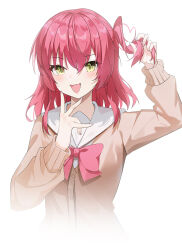 Rule 34 | 1girl, :d, arm up, blush, bocchi the rock!, bow, brown cardigan, cardigan, cropped torso, debu xiao huajiang, hair between eyes, highres, holding, holding own hair, kita ikuyo, long hair, long sleeves, looking at viewer, one side up, open mouth, pink bow, puffy long sleeves, puffy sleeves, red hair, simple background, smile, solo, upper body, white background, yellow eyes