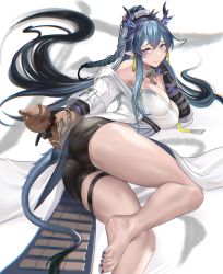 Rule 34 | 1girl, absurdres, arknights, ass, bare legs, bare shoulders, barefoot, black hair, black nails, black shorts, blue hair, braid, breasts, chinese commentary, chong (547342983), cleavage, commentary request, earrings, foot out of frame, gourd, highres, holding, horns, jewelry, large breasts, ling (arknights), long hair, looking at viewer, multicolored hair, nail polish, off shoulder, pointy ears, purple eyes, short shorts, shorts, solo, strapless, tail, thigh strap, thighs, toenail polish, toenails, tube top, very long hair, white background